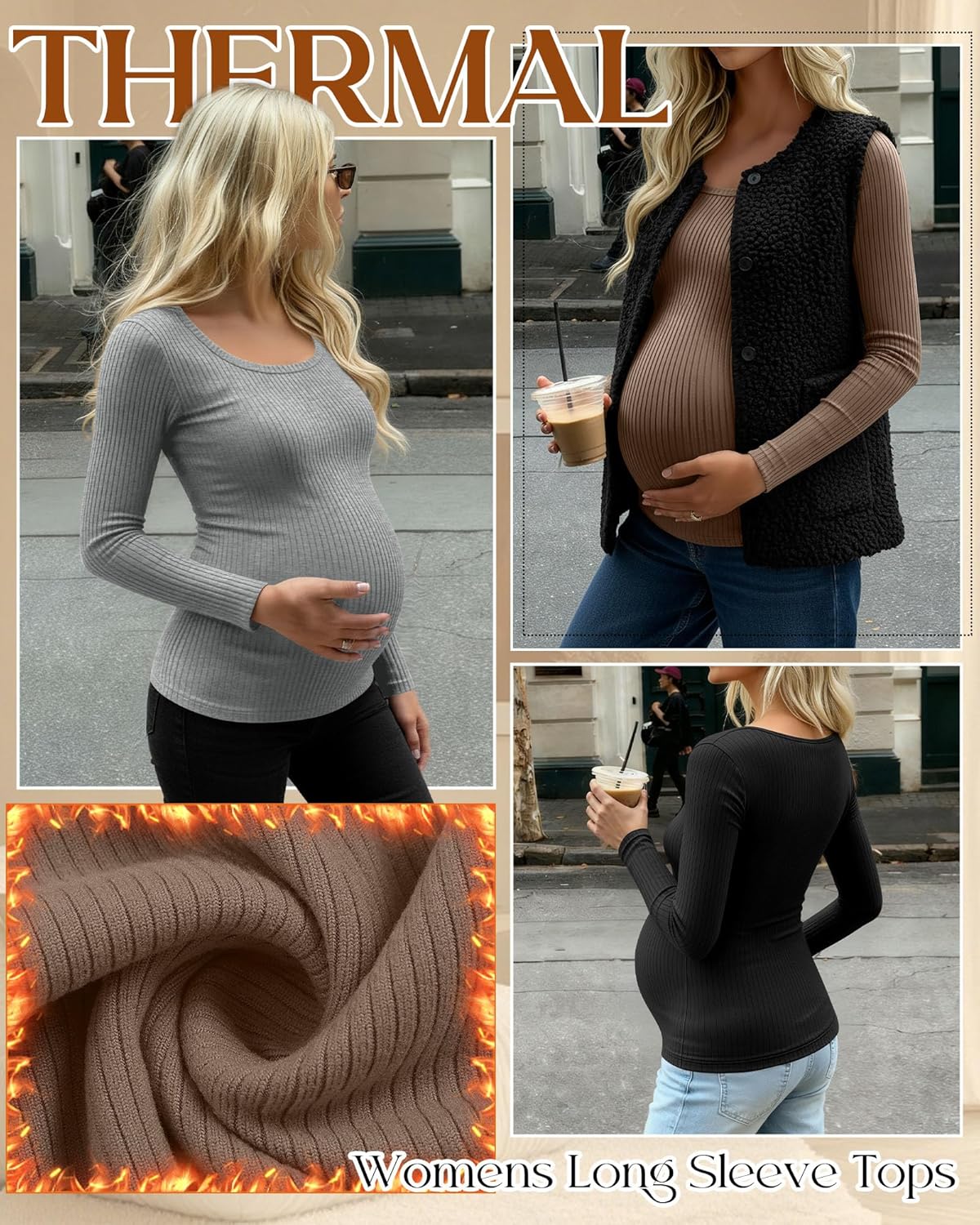 4 Pack Womens Maternity Thermal Shirts Fleece Lined Slim Fit Ribbed Knit Pregnancy Top Scoop Neck Long Sleeve Shirt - Image 4