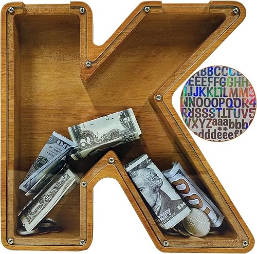 Miniatura 206 de Alcancía para niños y niñas, alcancía grande de madera personalizada con diseño recortado, bancos de monedas con letras del alfabeto, caja de ahorro