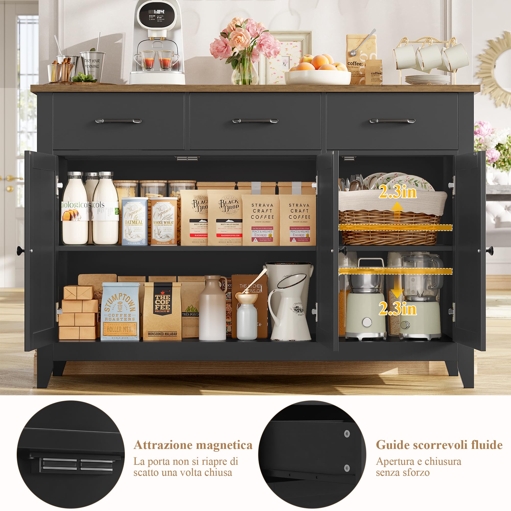 HOCSOK Credenza Cucina, 120 cm Mobile Cucina con 3 Cassetti | Mobile Soggiorno e Buffet Moderno con 3 Ante e Ripiani Regolabili per Soggiorno e Sala da Pranzo, Nero 120x40x85 cm
