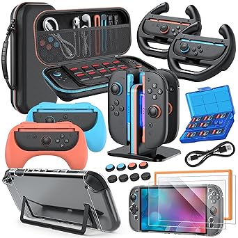 Switch 2 Accessories, Bundle Case for Nintendo Switch 2 (2025), MENEEA 20-IN-1 Kits: Carrying Case, Controller Charger Dock, Grips for Joy Con,Steering Wheels for Mario Kart,Protective Cover for Controller Console for Switch 2 (Black)