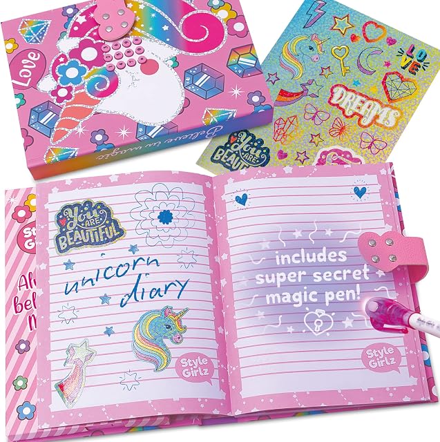Style Girlz Unicorn Secret Diary For Girls - Lockable Kids Diary With Magic UV Light Invisible Ink Pen - Girls Unicorn Notebook With Digital Lock - Journal & Pen For Kids - Stationery Sets For Girls