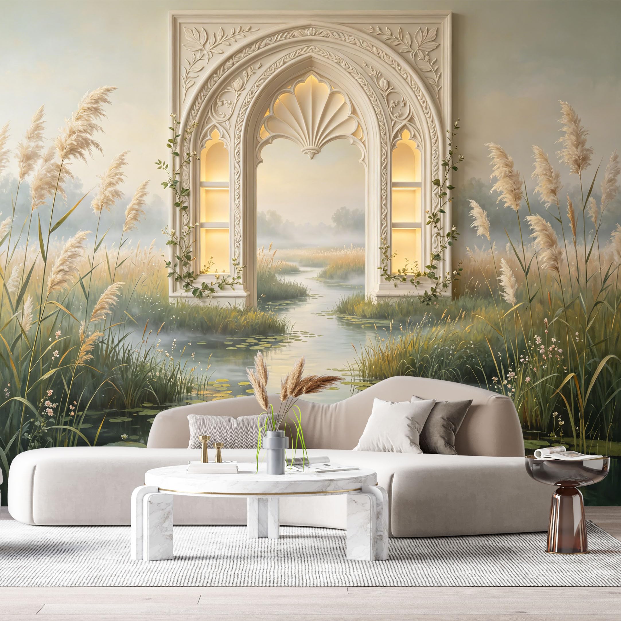 Custom Size Wall Murals Mughal Archway Misty Marsh Oil Painting 3D Trompe L'Oeil SelfAdhesiveWall Fabric Removable Wallpaper Wall Decor for Living Room Bedroom Bathroom