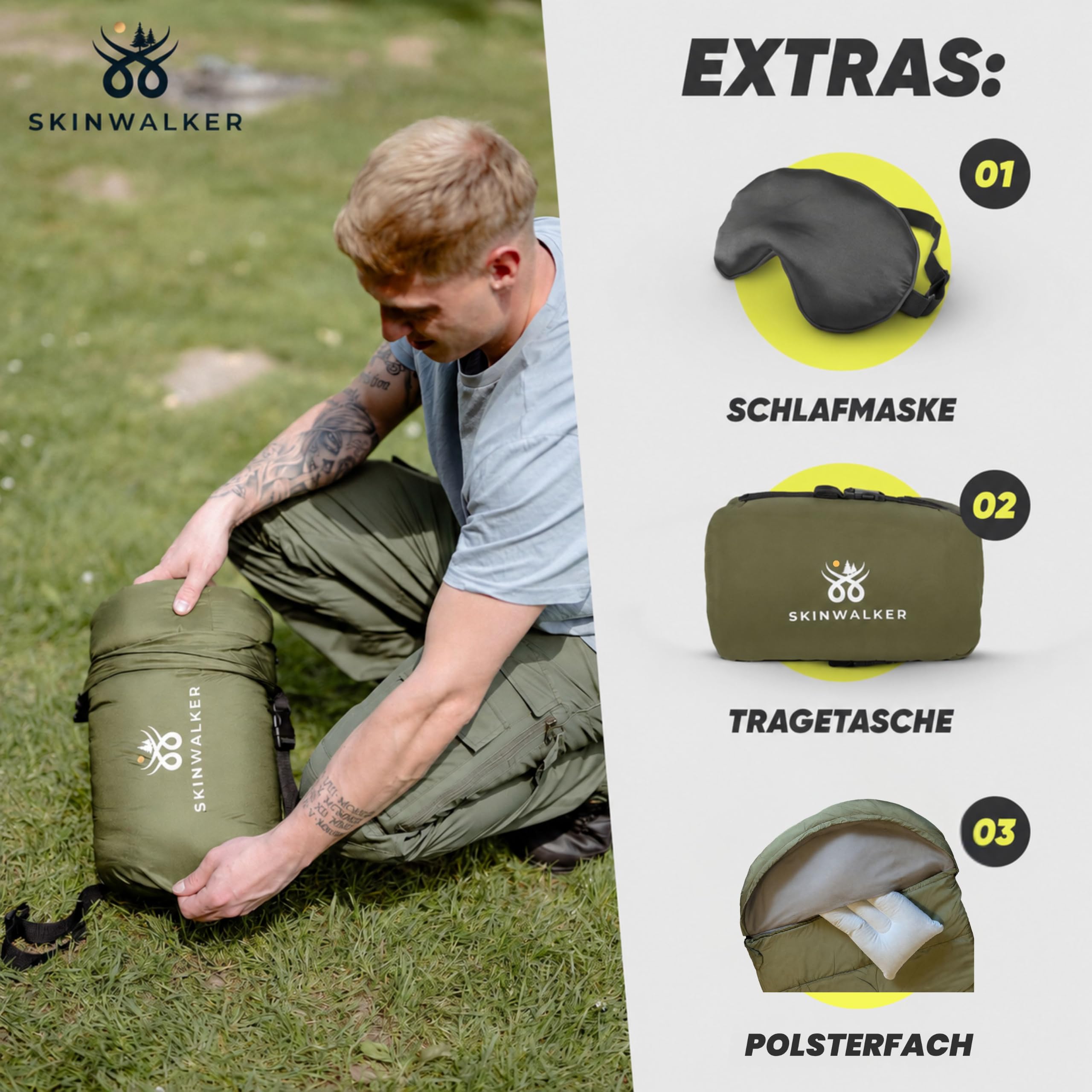 SkinWalker Schlafsack Erwachsene mit Anti-Rutsch Streifen, kleines Packmaß & Ultraleicht 1500g, 3 Jahreszeiten Deckenschlafsack, Schlafsäcke für Camping, Outdoor & Festivals