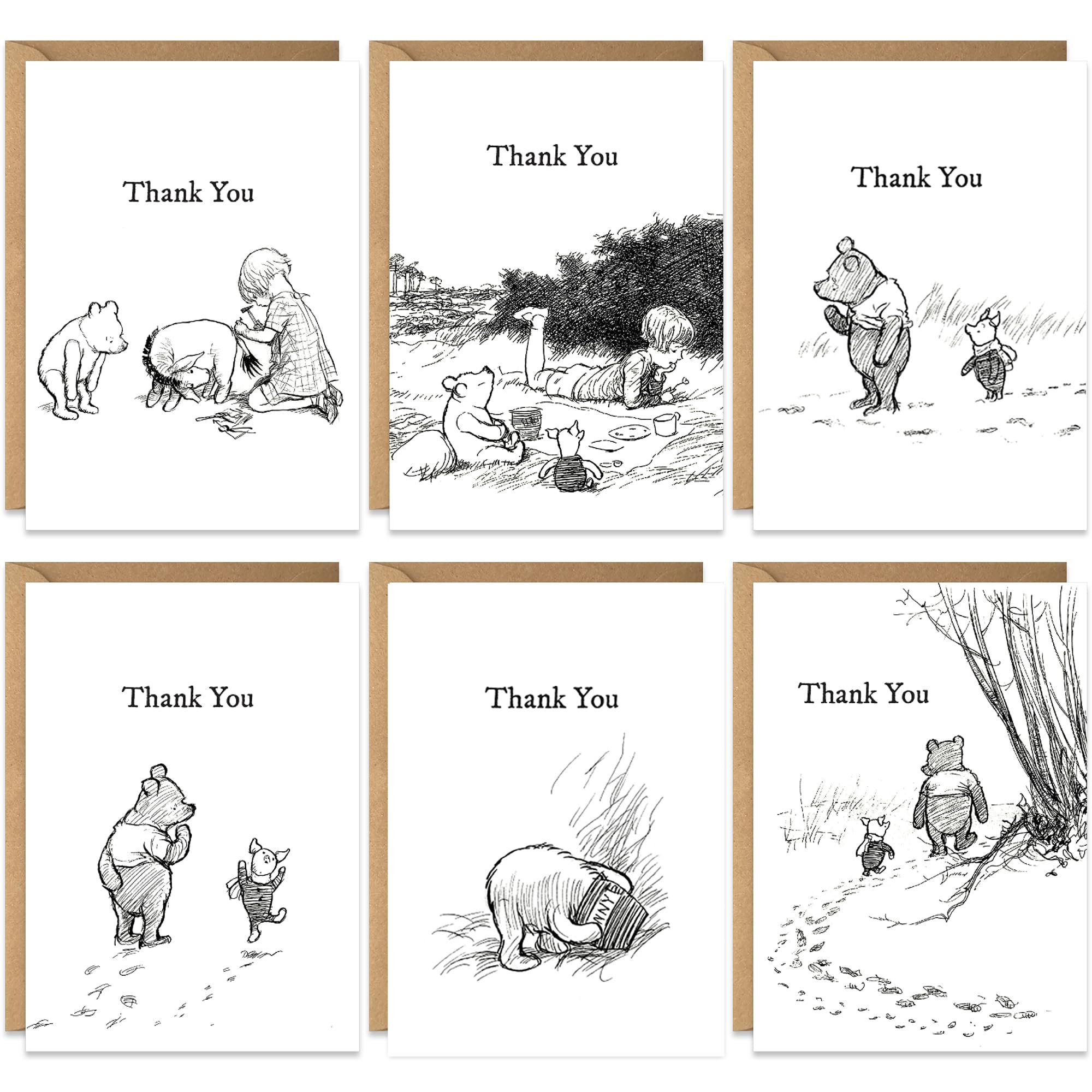 20 Thank You Note Cards with Envelopes, 6 Winnie-the-Pooh Designs, Premium Multipack Thank You Cards for Teacher Students Family Friends, With Envelopes