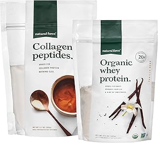 Natural Force Clean, Grass Fed Collagen Peptides + Vanilla Organic Whey Protein Bundle – Organic, Non GMO Whey Protein & H...