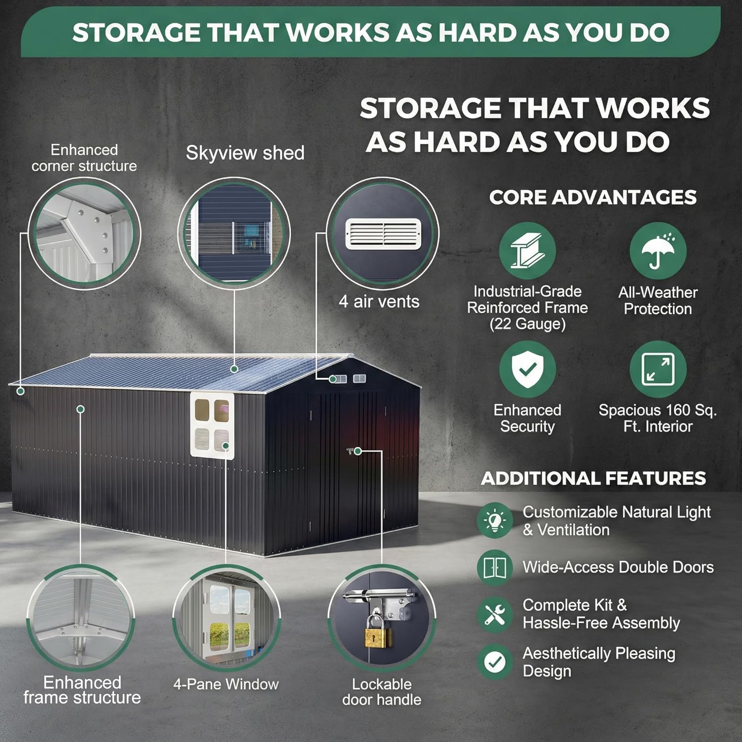 WACASA 10x16 FT Metal Shed Heavy-Duty | Military-Grade 20-Gauge Reinforced Frame with Powder Coating | 50 PSF Snow Load & 120 MPH Wind Rated | Garden Tool/Bike Skylight Large Building