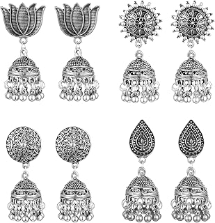 MALOYANVE 4 Pairs Jhumka Indian Earrings for Women Vintage Bohemian Chandelier Bell Tassel Dangle Earring Handmade Ethnic India Jhumki Jewelry for Wedding Party Gift