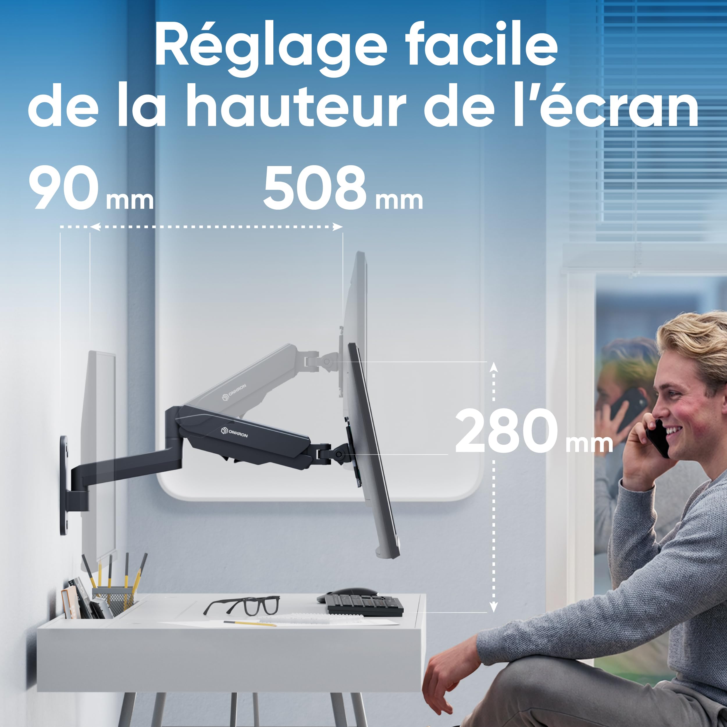 ONKRON Support Ecran PC Mural 13-34 Pouces, Support Mural TV/Ecran jusqu'à 8 kg - Bras Television Mural VESA 75x75 et VESA 100x100/Support Mural Ecran Inclinable Pivotant Orientable G150-B Noir