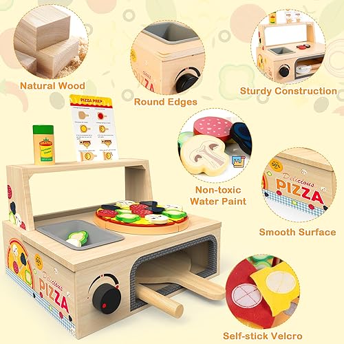 Miniatura 4 de Juguete de pizza de madera  48 piezas Montessori pretender Play Food para mayores de 3 años, juguete educativo de aprendizaje de madera con horno