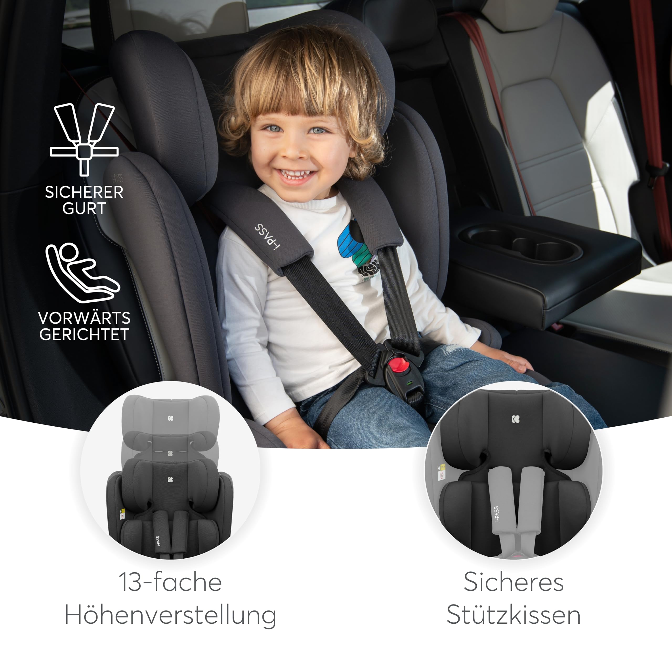 KikkaBoo Auto Kindersitz 9-36 kg i-PASS i-Size Gruppe 1/2/3 76-150 cm Schwarz