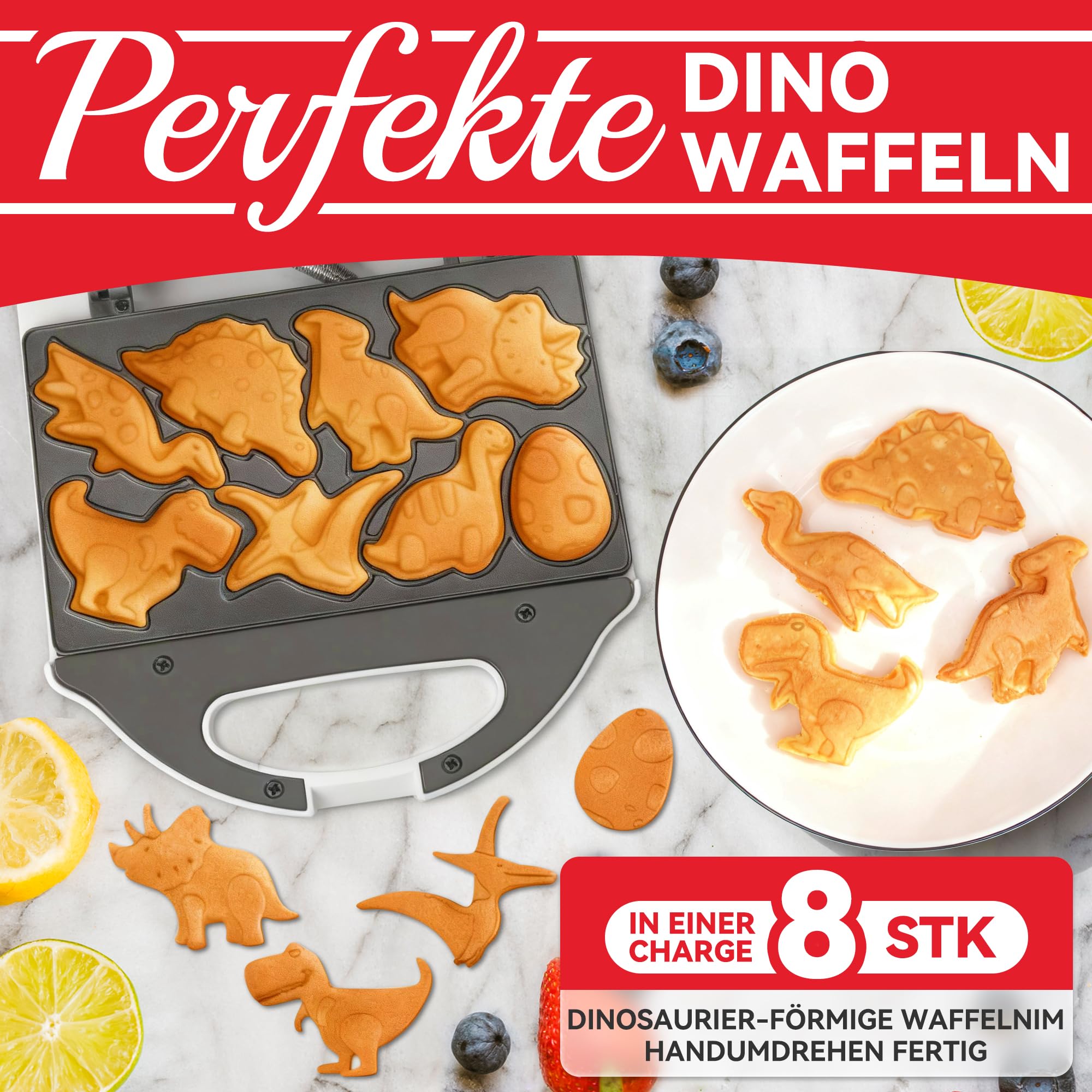 SugarWhisk Mini Waffelbacker Mit Dino-Motiv, Waffeleisen Klein für Kinder, Süß Mini Waffeleisen Kinder, Dino Gerät zum Waffeln Backen, 8 verschiedene Dinosaurier-Motive, Weiß