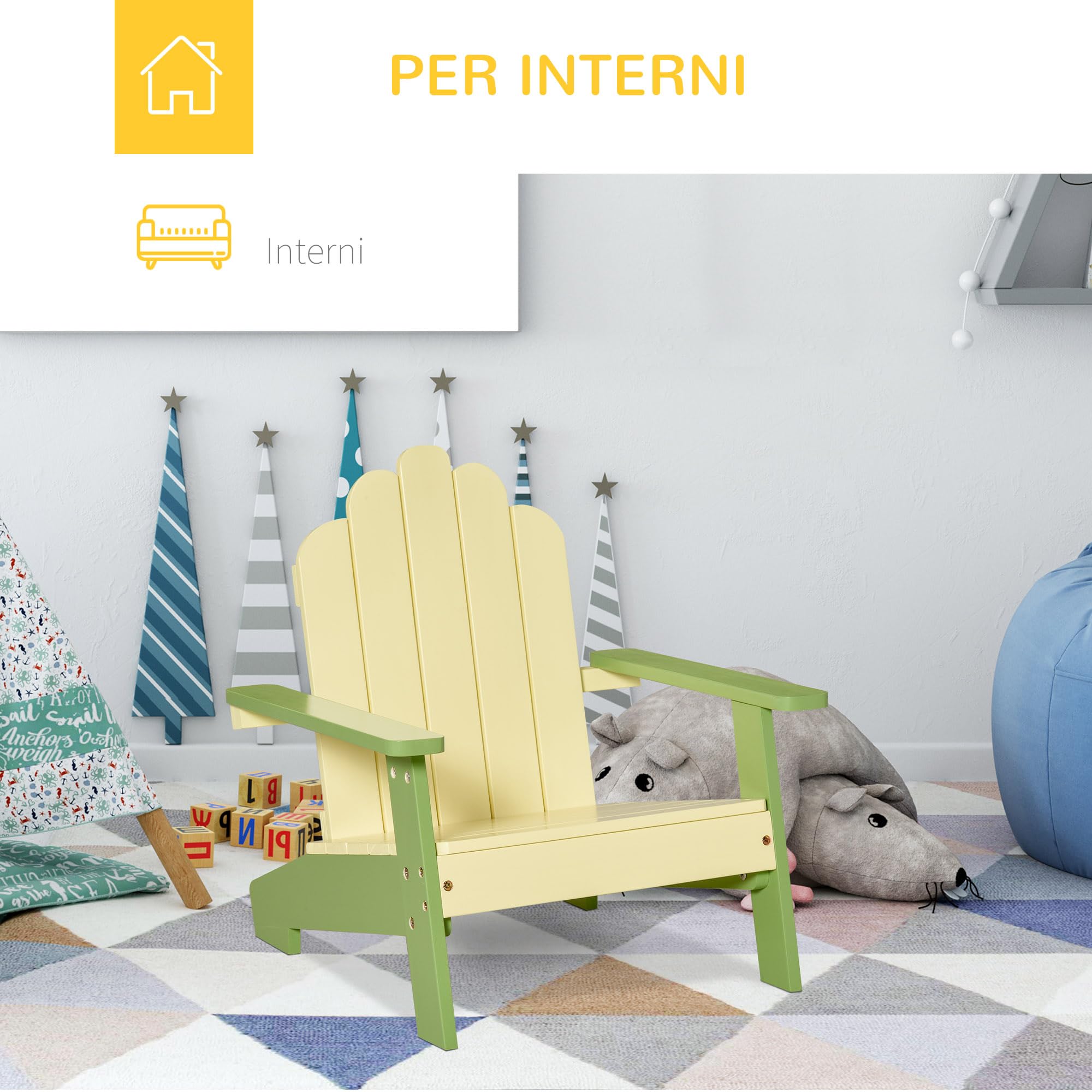 Outsunny Sedia per Bambini 1-4 Anni Ergonomica in Legno di Pino, Sedia Adirondack da Giardino con Vernice Atossica, Braccioli e Schienale, Uso Interno ed Esterno, 51x50x52.5cm, Verde