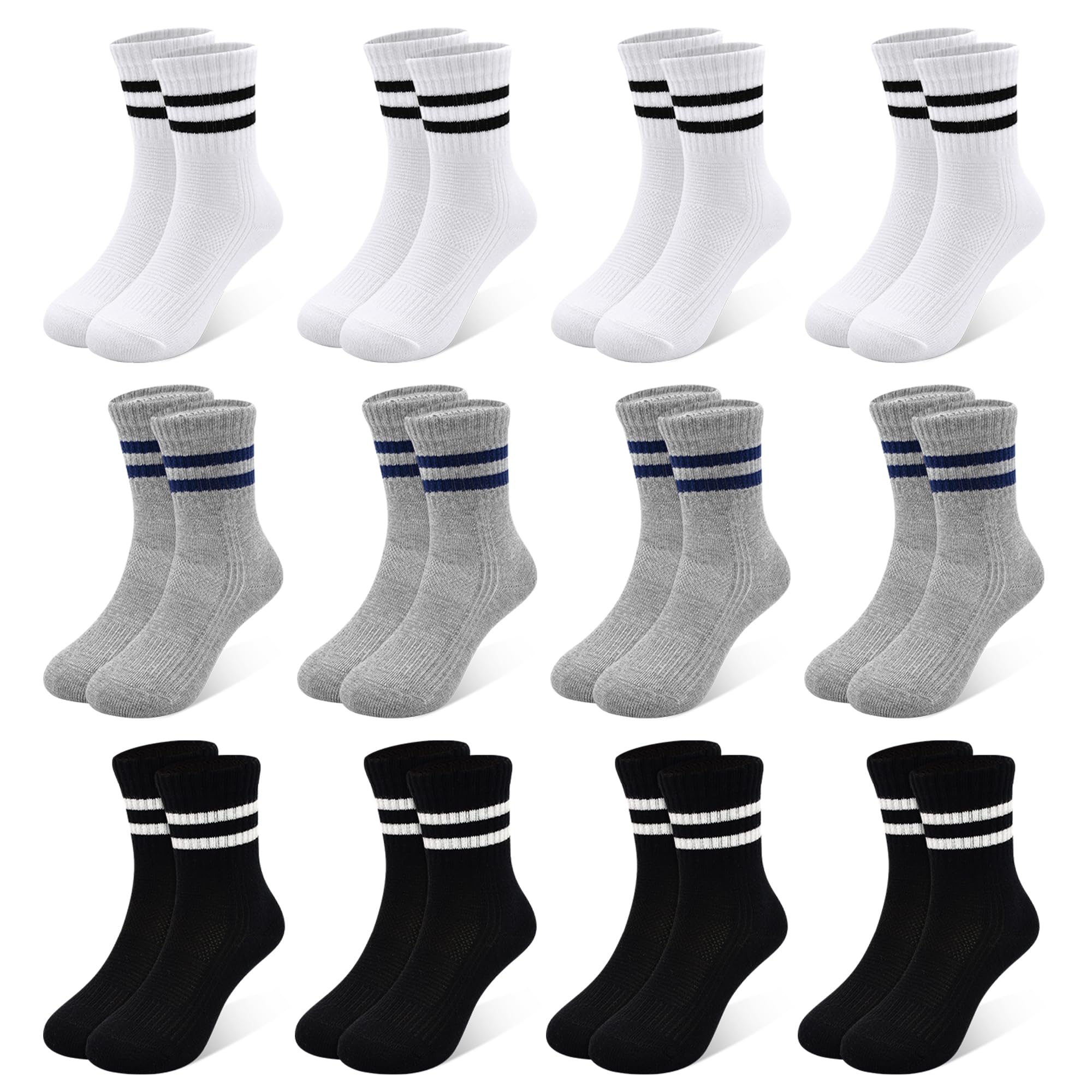 12 Pairs Boys Athletic Crew Socks, Black School Socks 1-12 Years