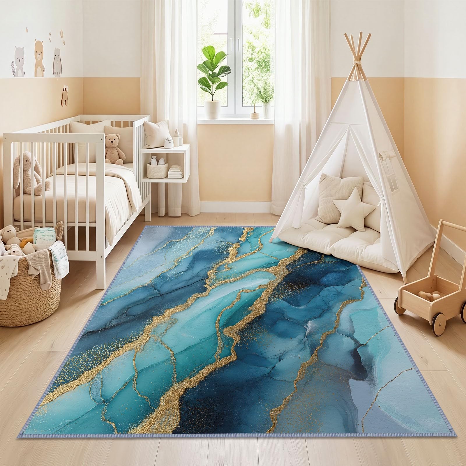 Générique Tapis Salon Moderne Marbre Lavable 180 x 240 cm, Tapis à Poils Courts Motif Feuille d'or Effet Craquelé Antidérapant Doux Idéal pour Salle À Manger Chambre d'enfant Bureau