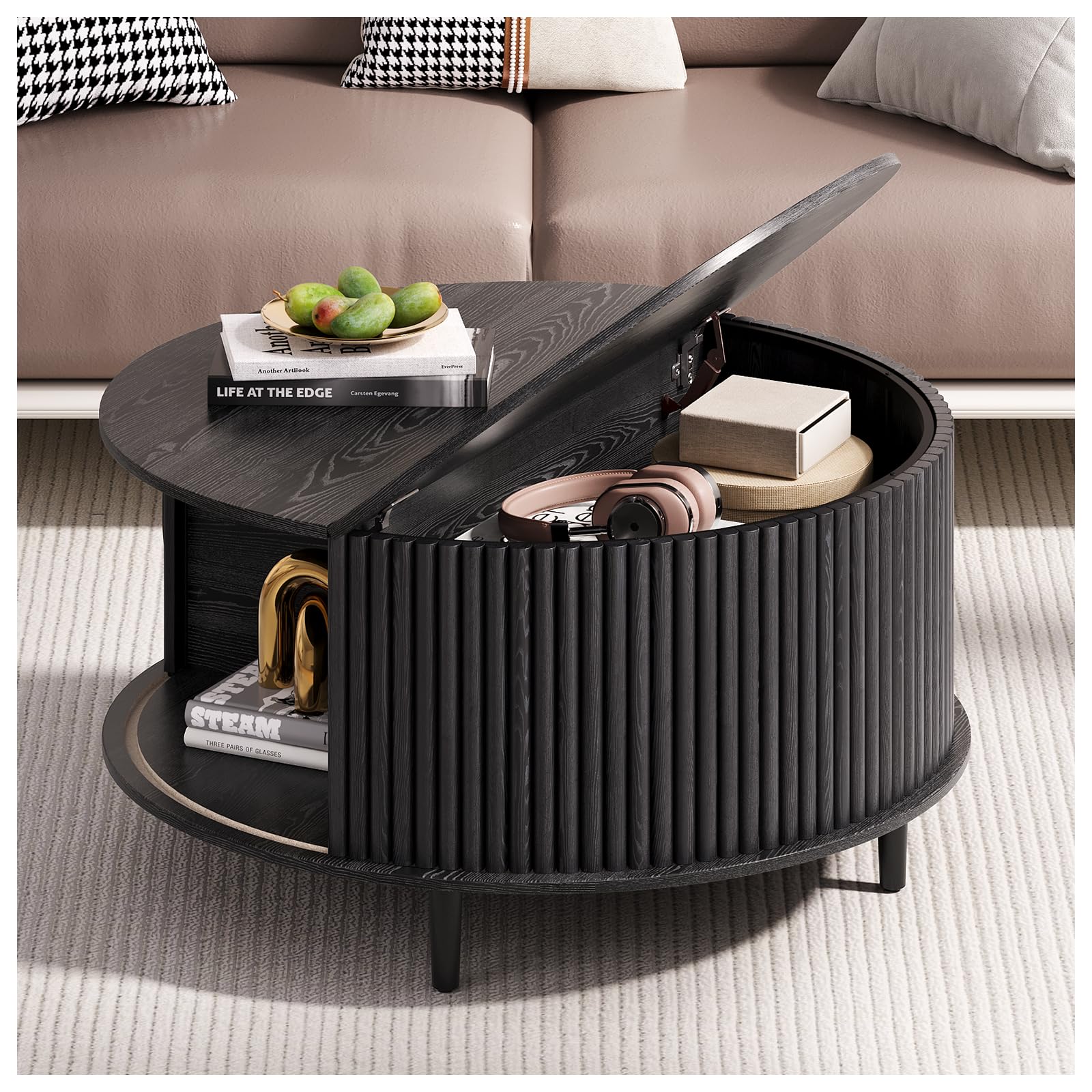 JOINICE,Black Round Coffee Table with Storage, 31.5" Fluted Center Table with Sliding Door, Modern Circle Drum Accent Table for Living Room, Sleek Wood Furniture for Small Spaces & Apartments