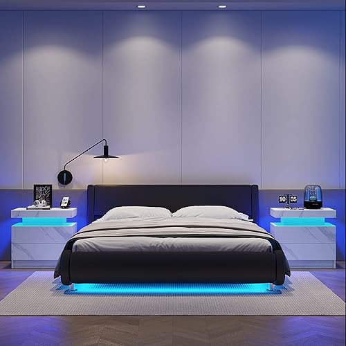 Miniatura 52 de Mesitas de noche LED, mesa auxiliar moderna con 2 cajones, muebles de dormitorio LED para dormitorio y sala de estar, gris 2-Gris,Gris,Negro,negro,