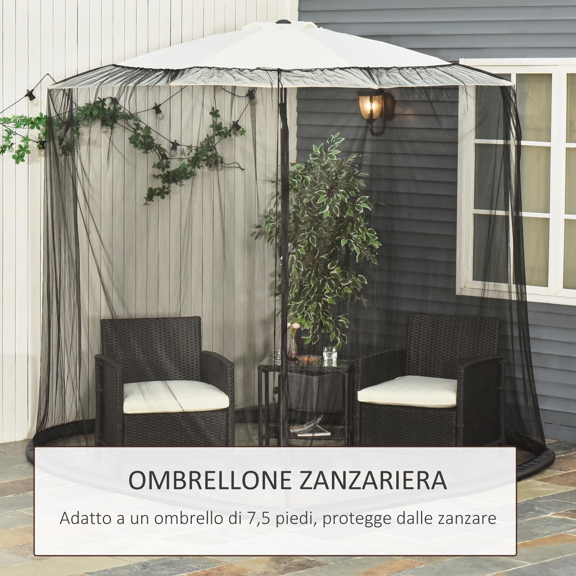 Outsunny Zanzariera per Ombrellone 3x2.3 m Maglie Strette Regolabile con Cerniera Tubo Riempibile Acqua Sabbia Nero