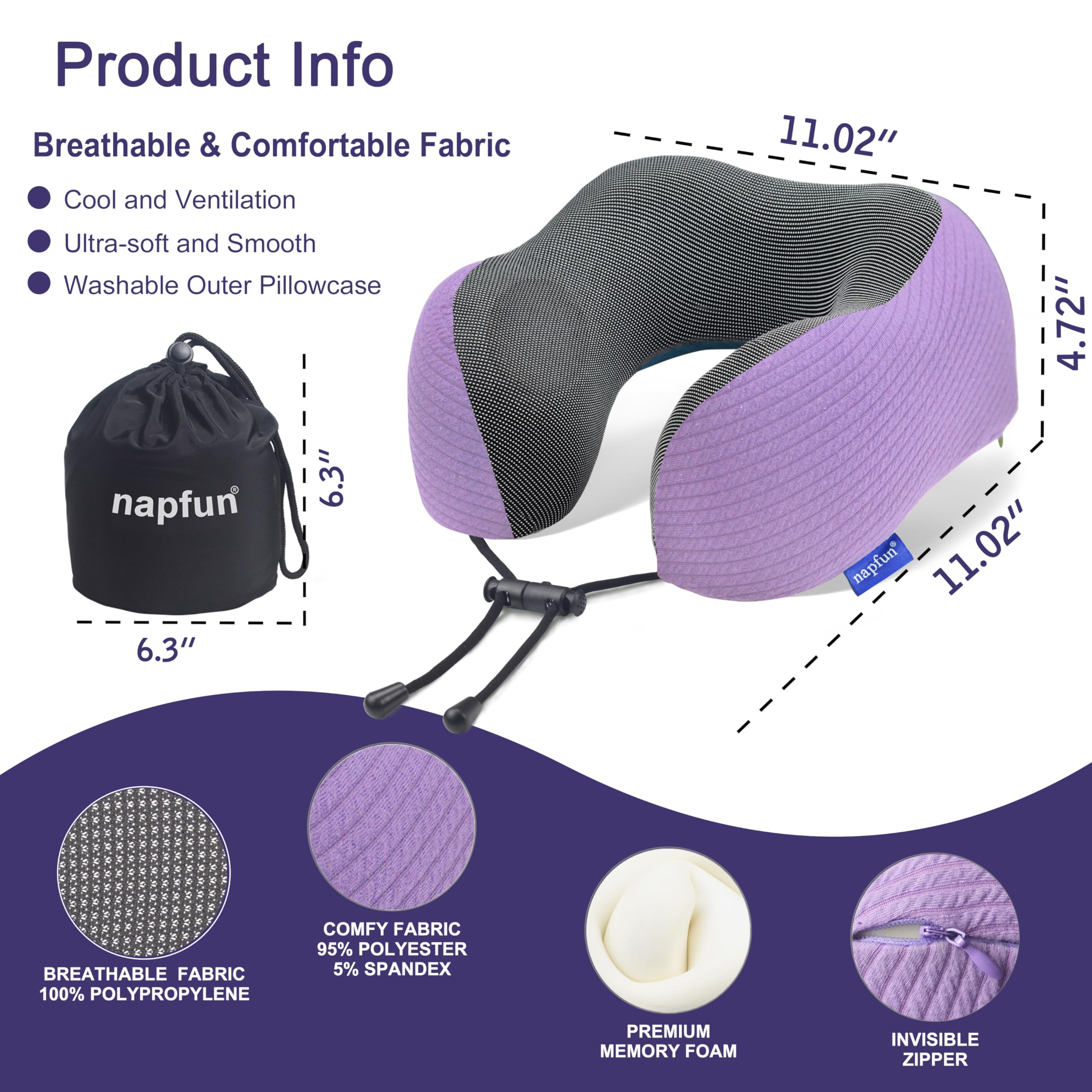napfun Neck Pillow for Travel, Memory Foam Airplane Pillow, Light Purple view 2