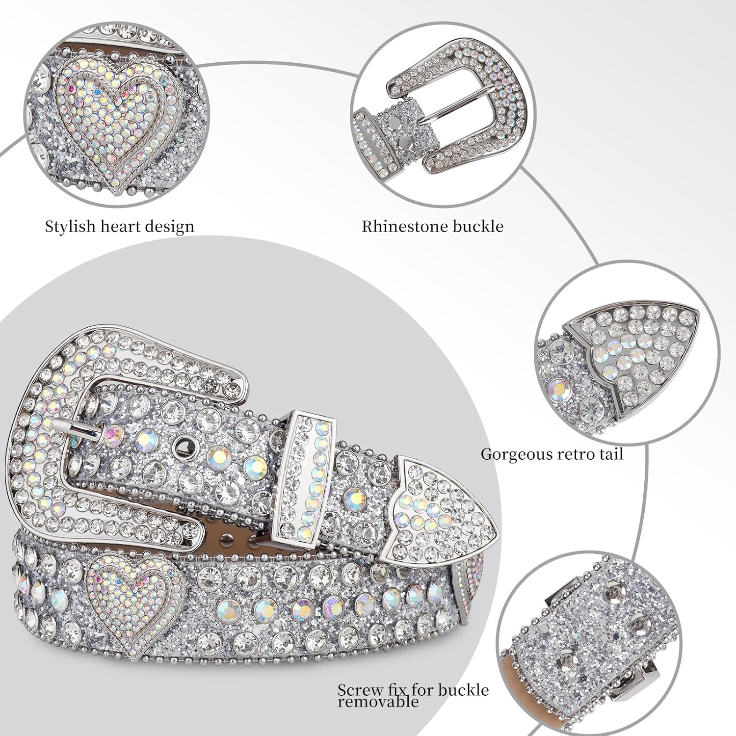 TINIDI Rhinestone Belt for Men Women Western Bling Heart Crystal Diamond Studded Leather Belts for Jean Pants - Image 2