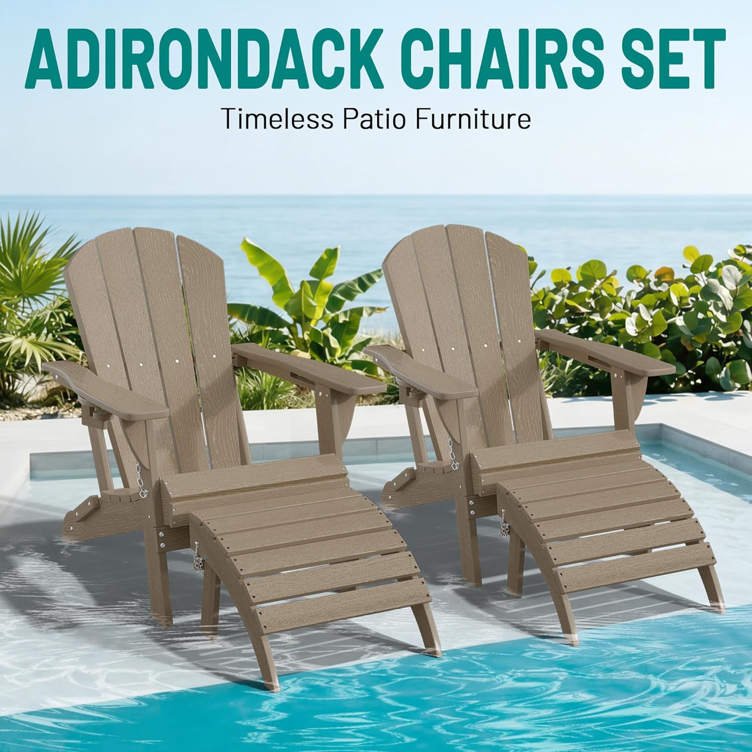 PLUUV Folding Adirondack Chair, Hdpe All-Weather Patio Chairs with Cup Holder, Wooden Textured Fire Pit Chairs, Outdoor Chair for Poolside, Backyard, Deck（Brown）