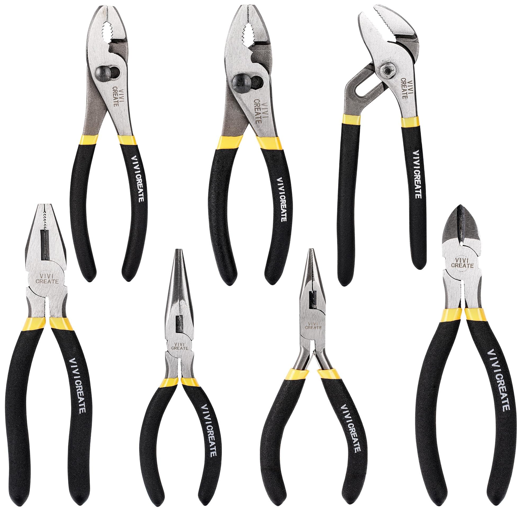 Vivicreate 7-Piece Pliers Set Heavy Duty Multipurpose Tools for Home Repair DIY Auto Electrical Work Includes Long Nose Slip Joint Linesman and Diagonal Pliers Alicates de Corte Herramientas