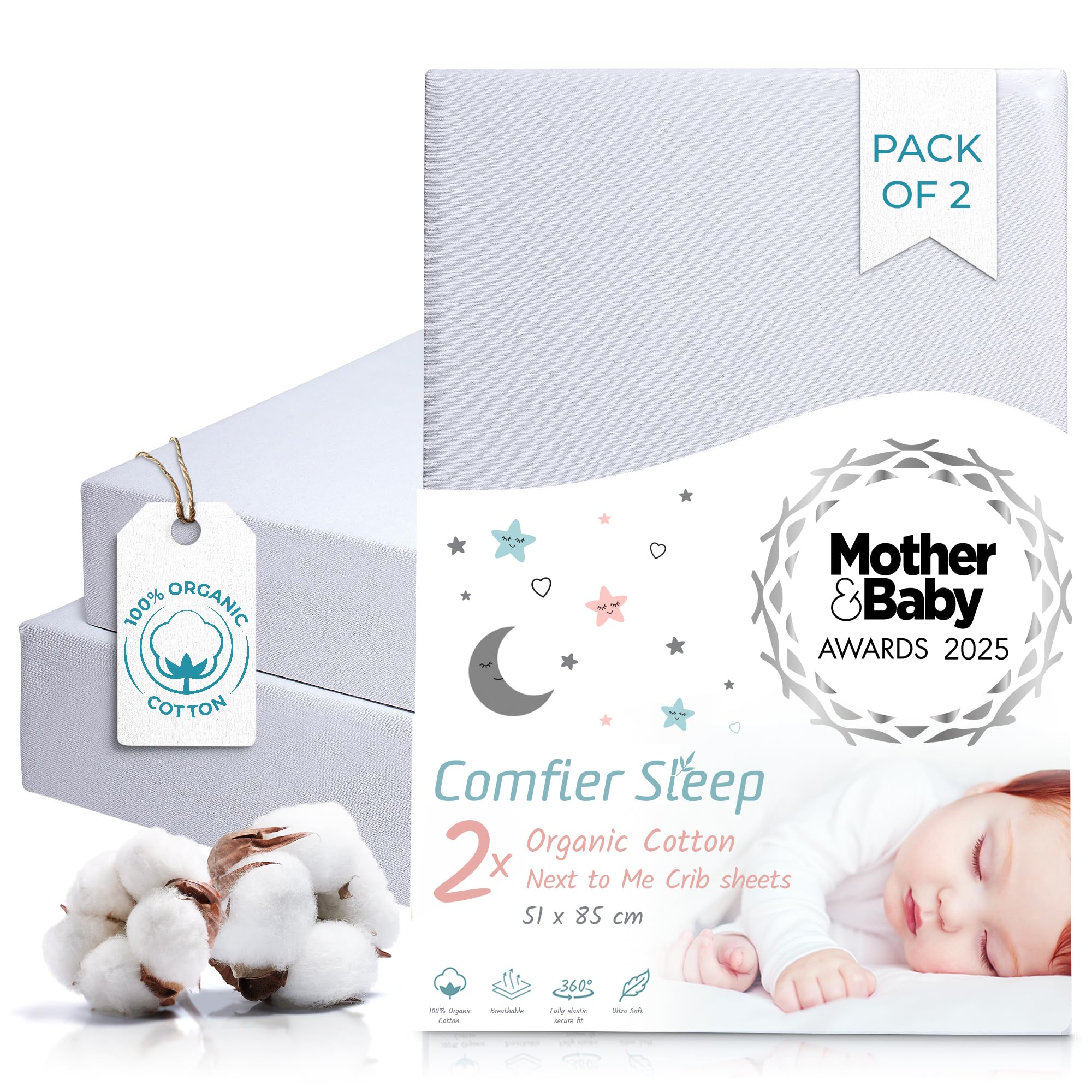 Comfier Sleep Grey Next To Me Crib Sheets 51X85cm - 2 Pcs - Award Winning 100% Organic