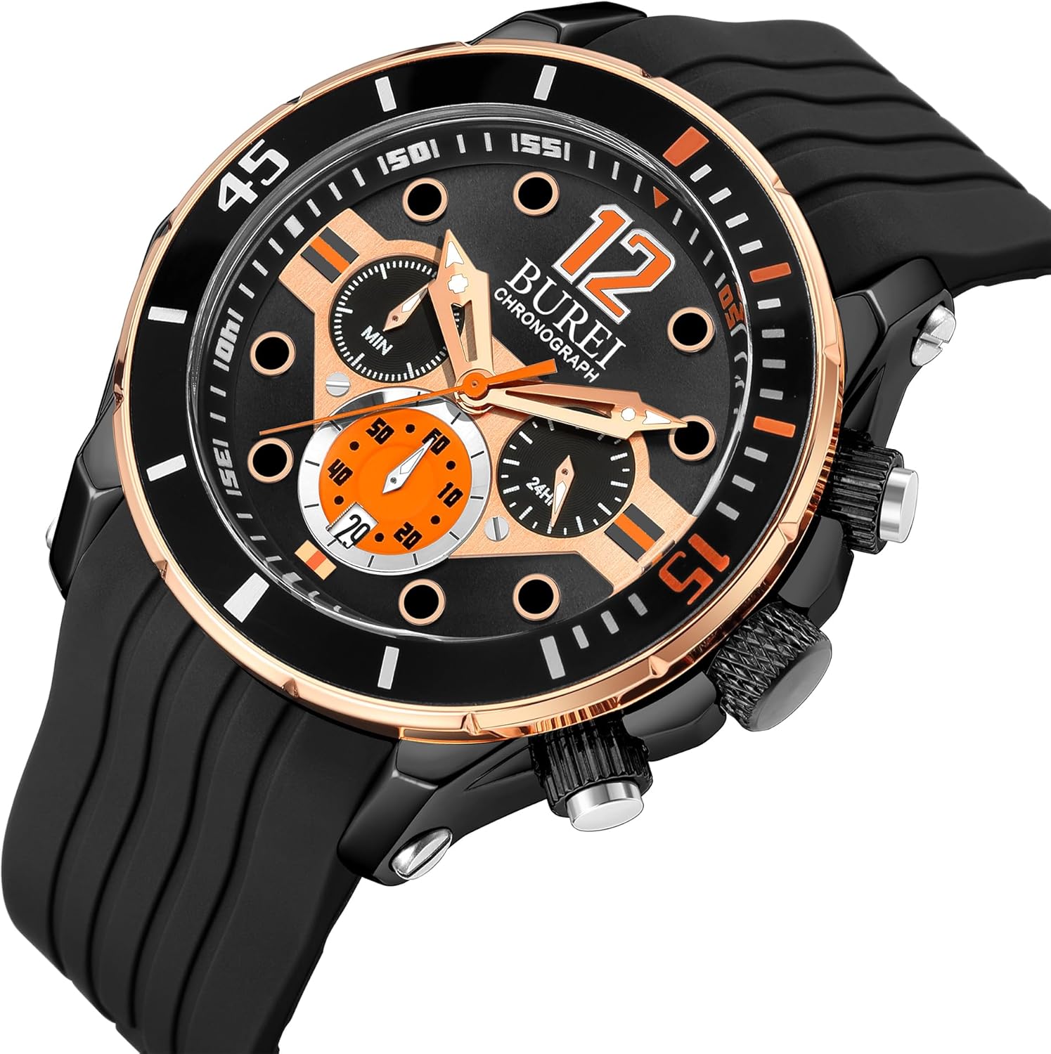 BUREI Men's Black Watch Chronograph Multi-Function Watches Silicone Strap Fashion Waterproof Casual Men's Watch Analog Quartz Watch with Calendar - Image 2