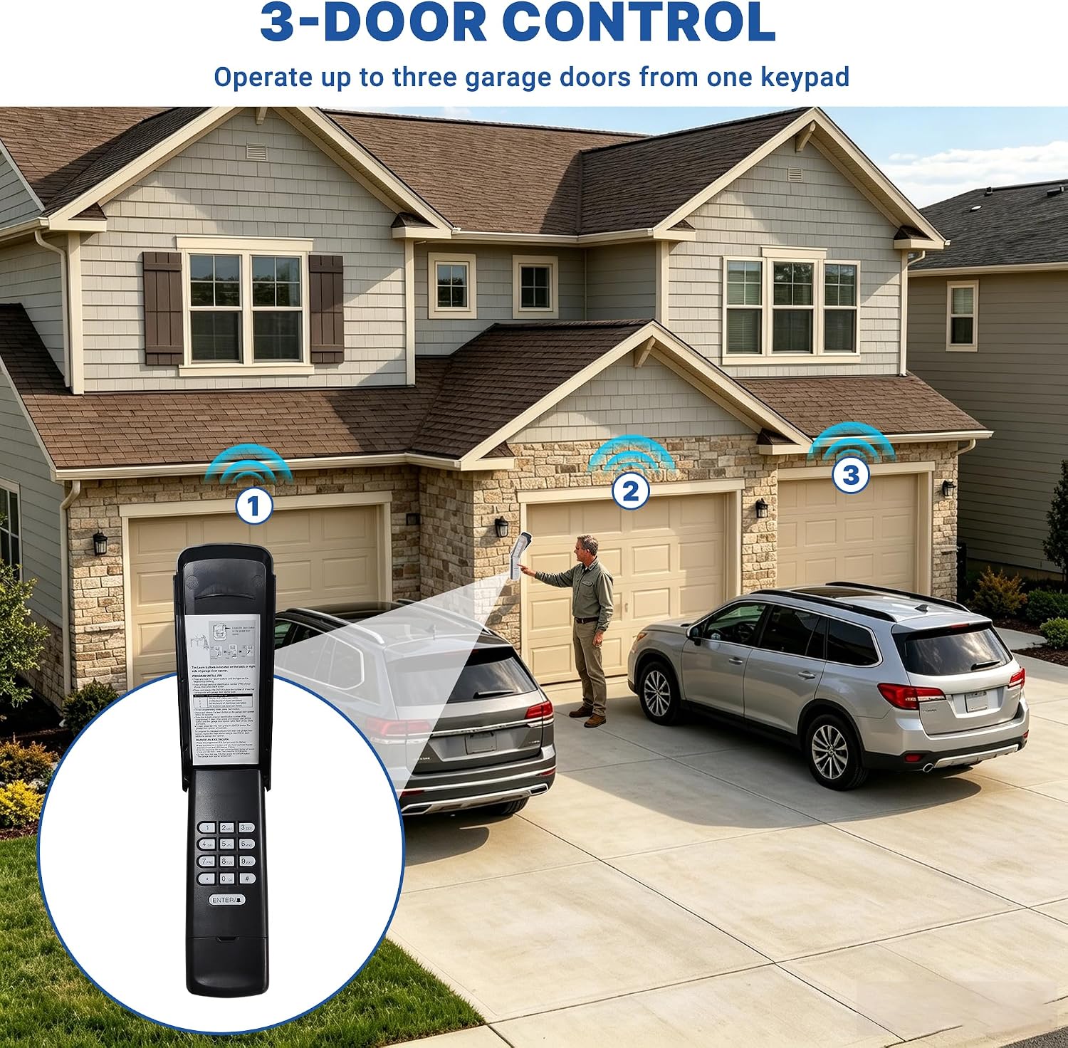 Garage Door Opener Keypad for LiftMaster Chamberlain and Craftsman Openers | 3-door control. Secure 4-digit PIN access. Rolling code tech. Weatherproof design. Quick, easy, DIY installation. 315/390MHz.