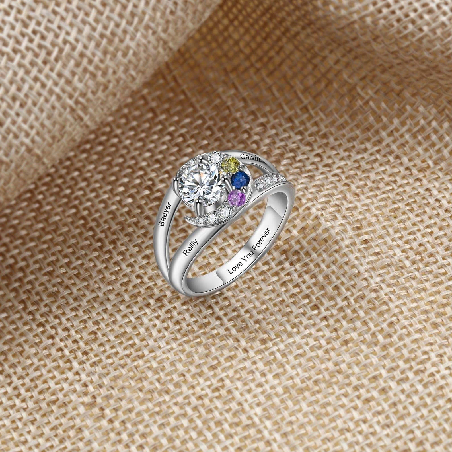 Anillo de Navidad personalizado para las mujeres 925 de plata de ley familia Anillo de Navidad Madres Nombre grabado Día de la madre