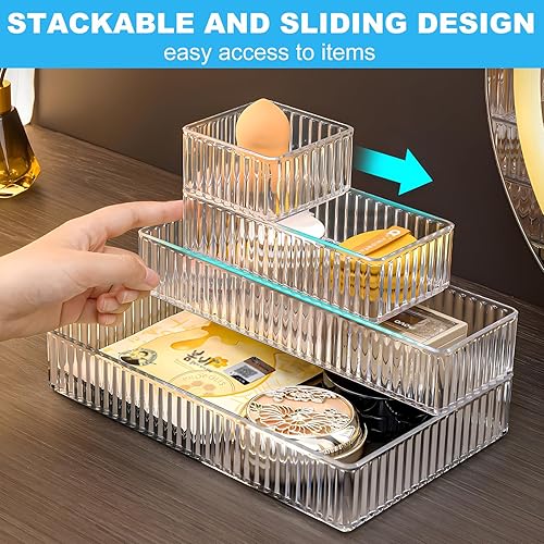 Miniatura 2 de HOTOOLME 7 cubos organizadores de cajones transparentes, organizador de cajones de maquillaje apilables de 4 tamaños, bandejas de almacenamiento de