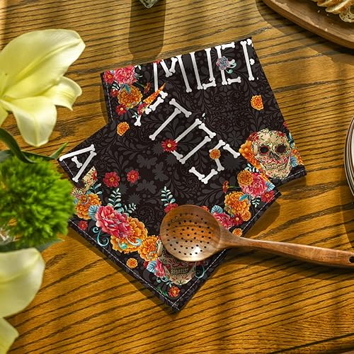 Miniatura 3 de Horaldaily Dia de Muertos - Servilletas de tela de 18 x 18 pulgadas, diseño de caléndula de México, caléndula de azúcar, caléndula, decoración de