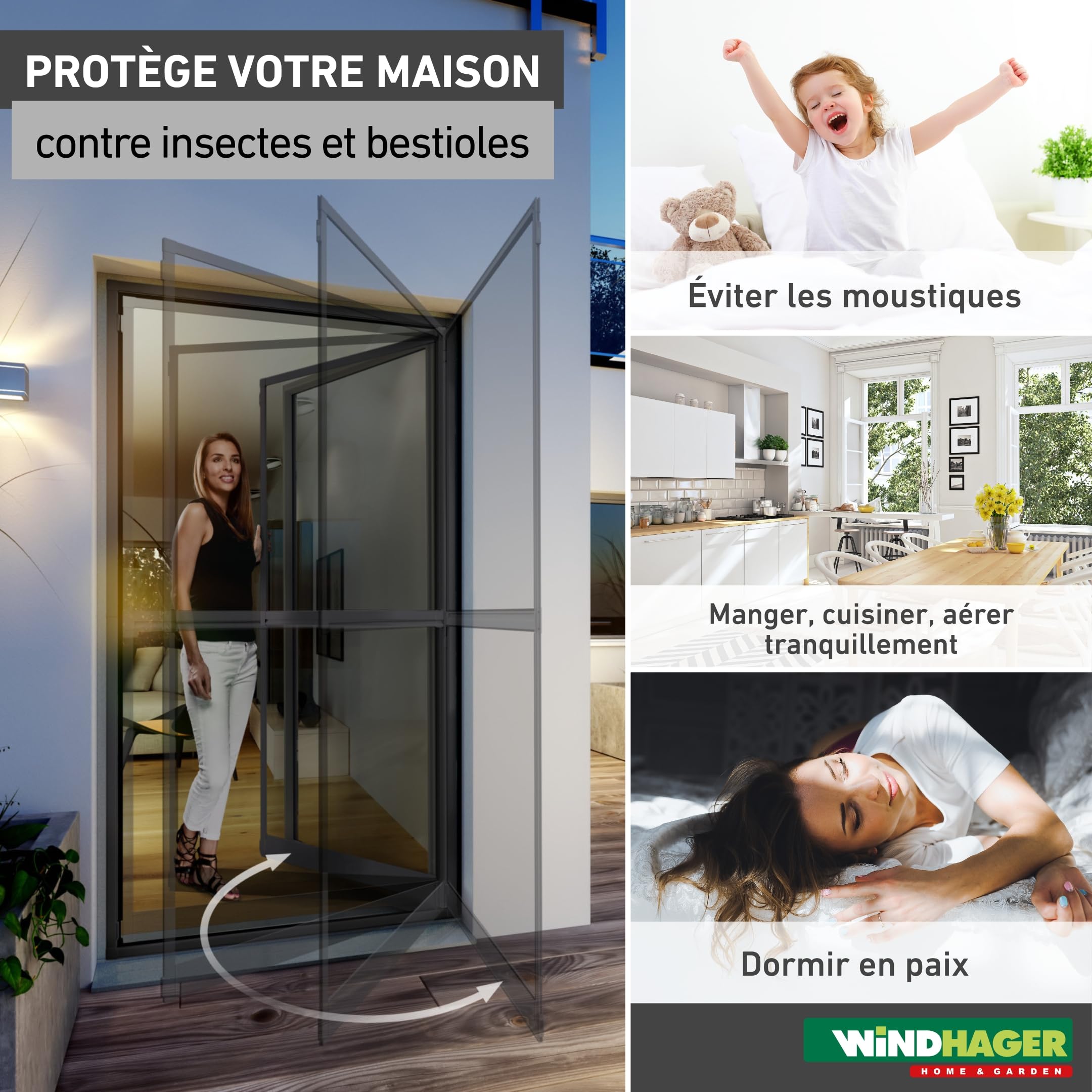 Windhager EXPERT 03241 Moustiquaire de porte battante pour porte battante, moustiquaire de porte, cadre tendu, 100 x 210 cm, anthracite