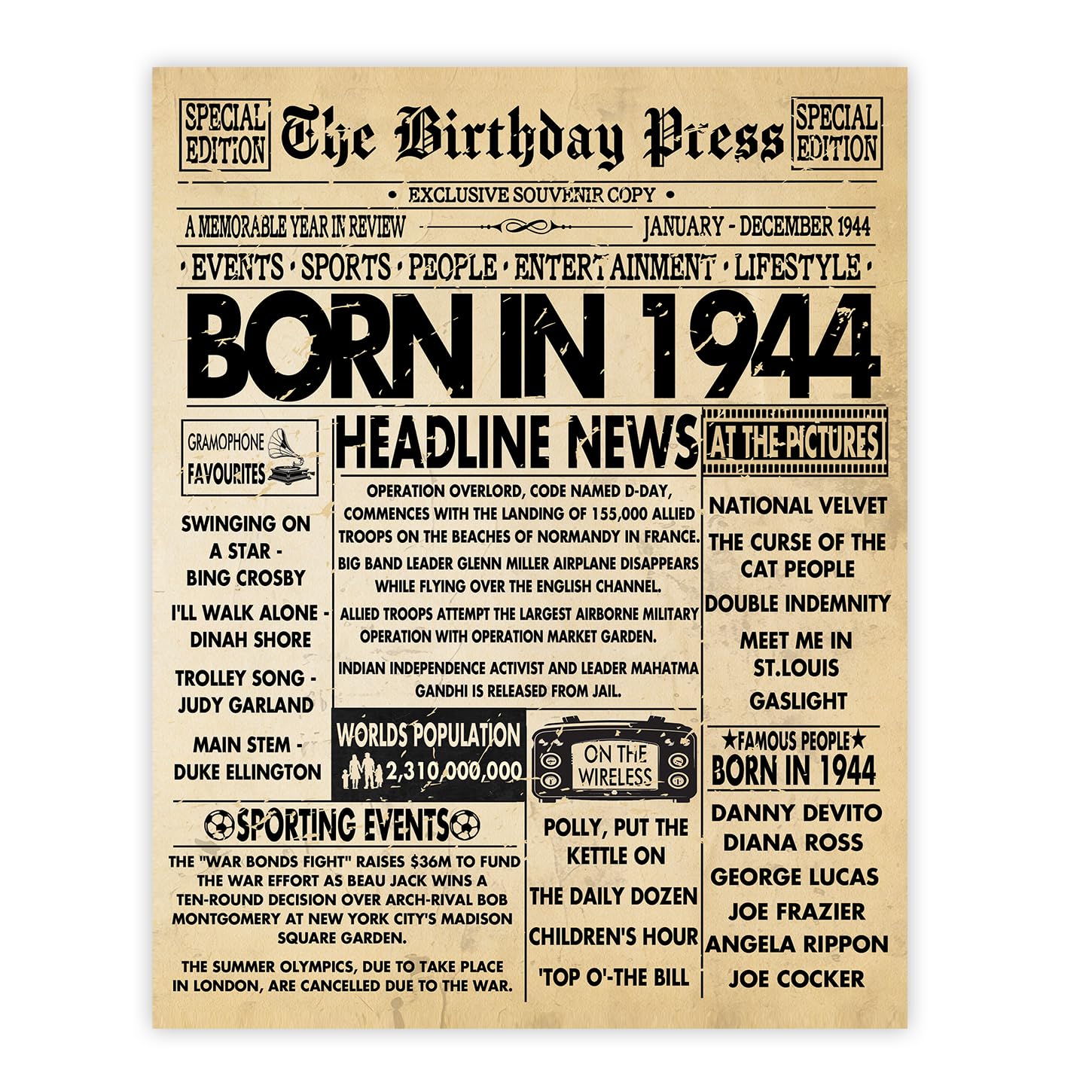 Stuff4 82nd Birthday Poster Unframed - Born In 1944 Vintage Newspaper - Happy 82nd Birthday Gifts for Women Men Retro Back In 1944, 8x10 Inch Decor Decoration Bday Party
