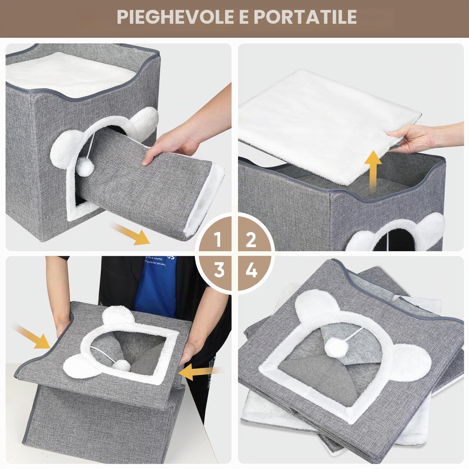 Casetta pieghevole per gatto, Cuccia Gatto Casa pieghevole con terrazza, letto a 2 strati grande grotta con tiragraffi e Pallina da Gioco
