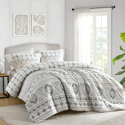 Miniatura 5 de SahSahCasa Juego de edredón tamaño King, juego de ropa de cama de edredón bohemio de color blanco y gris, mullido, fresco, ligero, a rayas, para