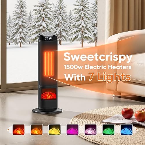 Miniatura 5 de Sweetcrispy Calentador de espacio para uso en interiores, calentador portátil de 23 pulgadas con control remoto y termostato, 7 modos de luz,