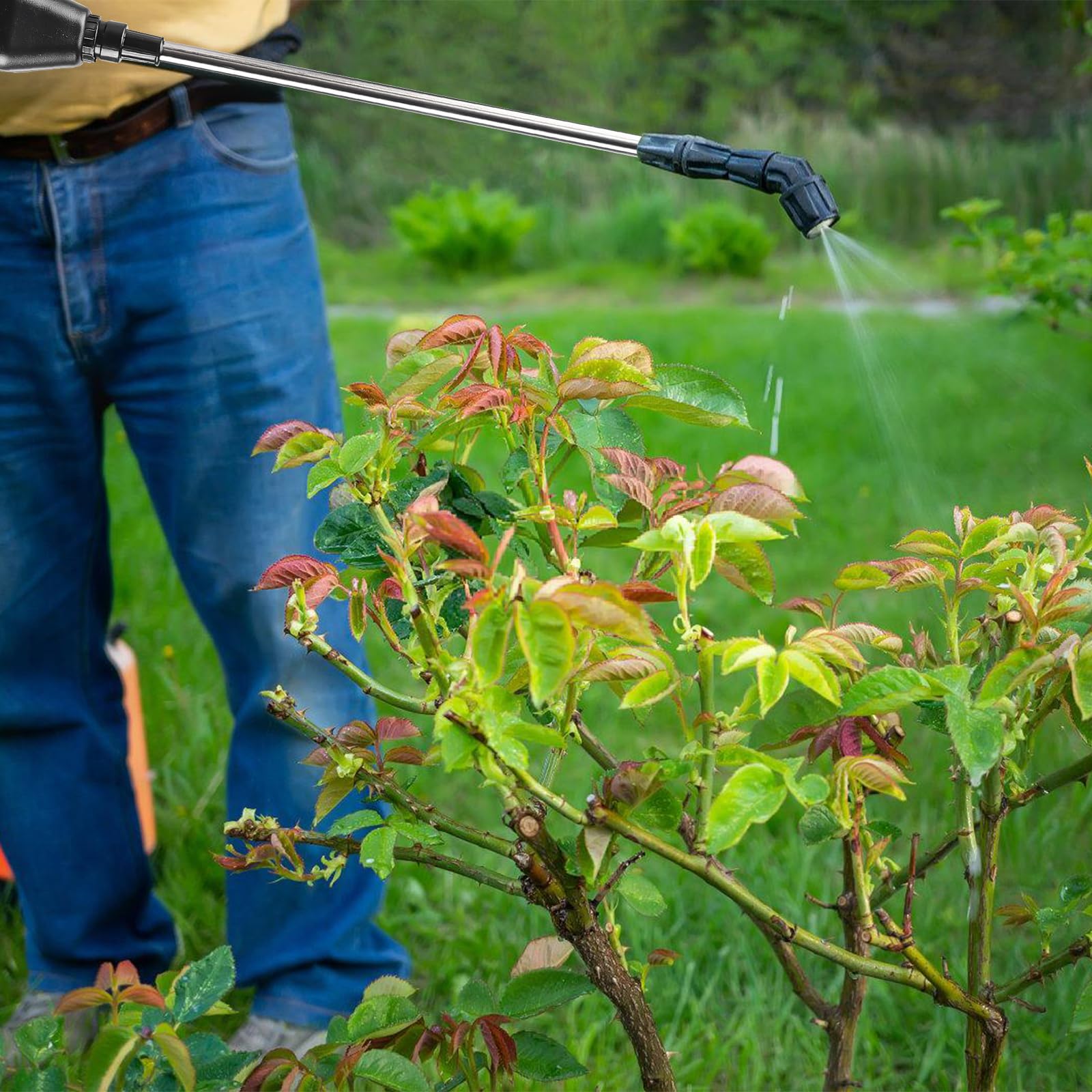 Spruzzatore elettrico per piante, a batteria, ricaricabile e portatile, con asta telescopica da 23,6 pollici, tubo da 5 m e 3 ugelli per giardino, terrazza, prato ed erbacce