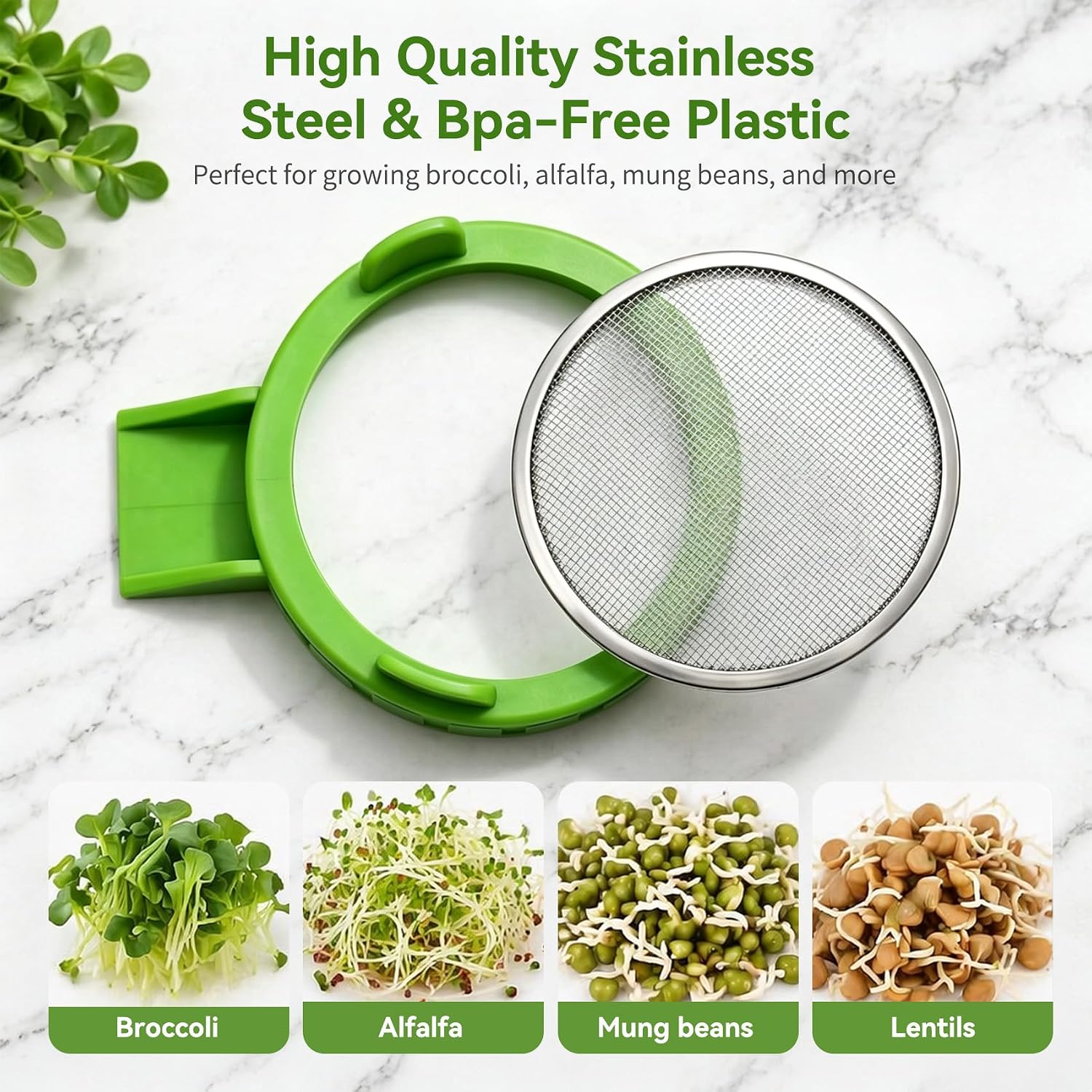 Upgraded Sprouting Lids For Wide Mouth Mason Jars (Set Of 2), Green