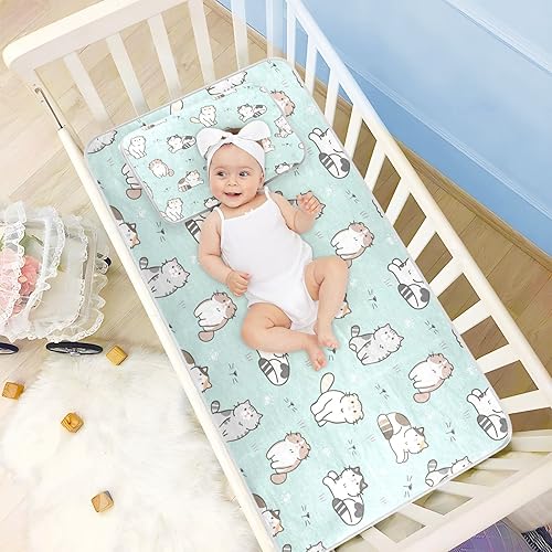 Miniatura 6 de Almohadilla de cama de bebé de dibujos animados de gato verde pastel con funda de almohada de seda de hielo, transpirable, almohadilla de colchón