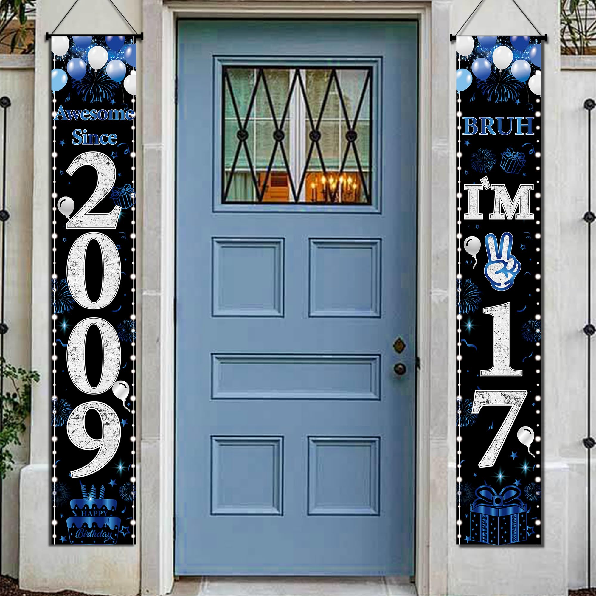 Photo 1 of 17th Birthday Decorations Door Banner - 2 Pcs Blue Awesome Since 2009 Bruh I'm 17 Happy Birthday Party Banners Porch Sign for Teenager Girls Boys Party Background Decor Supplies, 71 × 12 inch