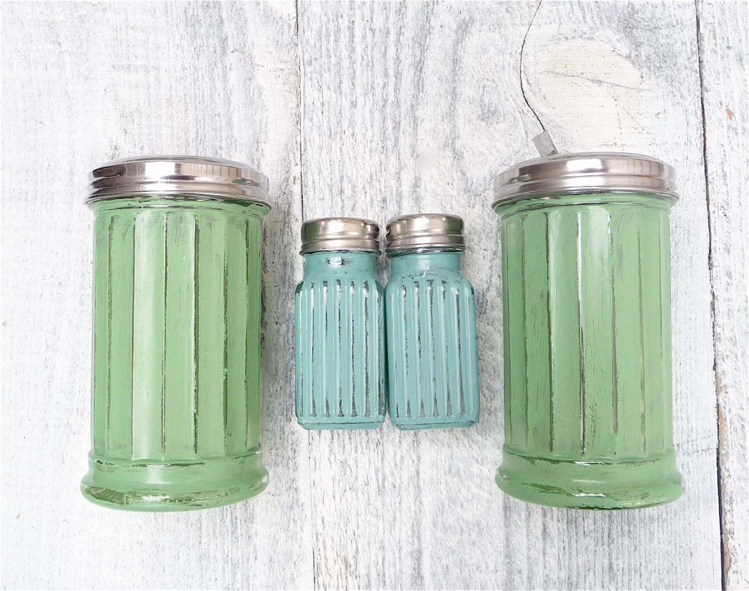 Ribbed Glass Salt and Pepper Shaker Set - Turquoise and Green - Four Piece Set - Vintage Retro Kitchen