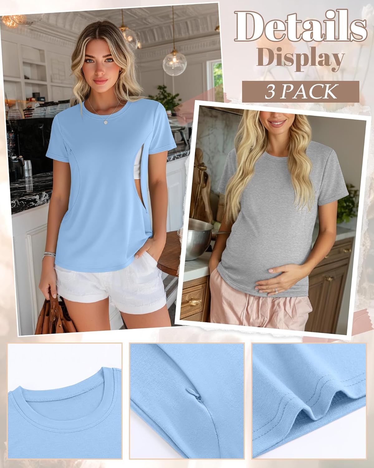 4 Pack Women's Nursing Breastfeeding Shirts with Zipper Loose Fit Short Sleeve Maternity Top Nursing Clothes - Image 4