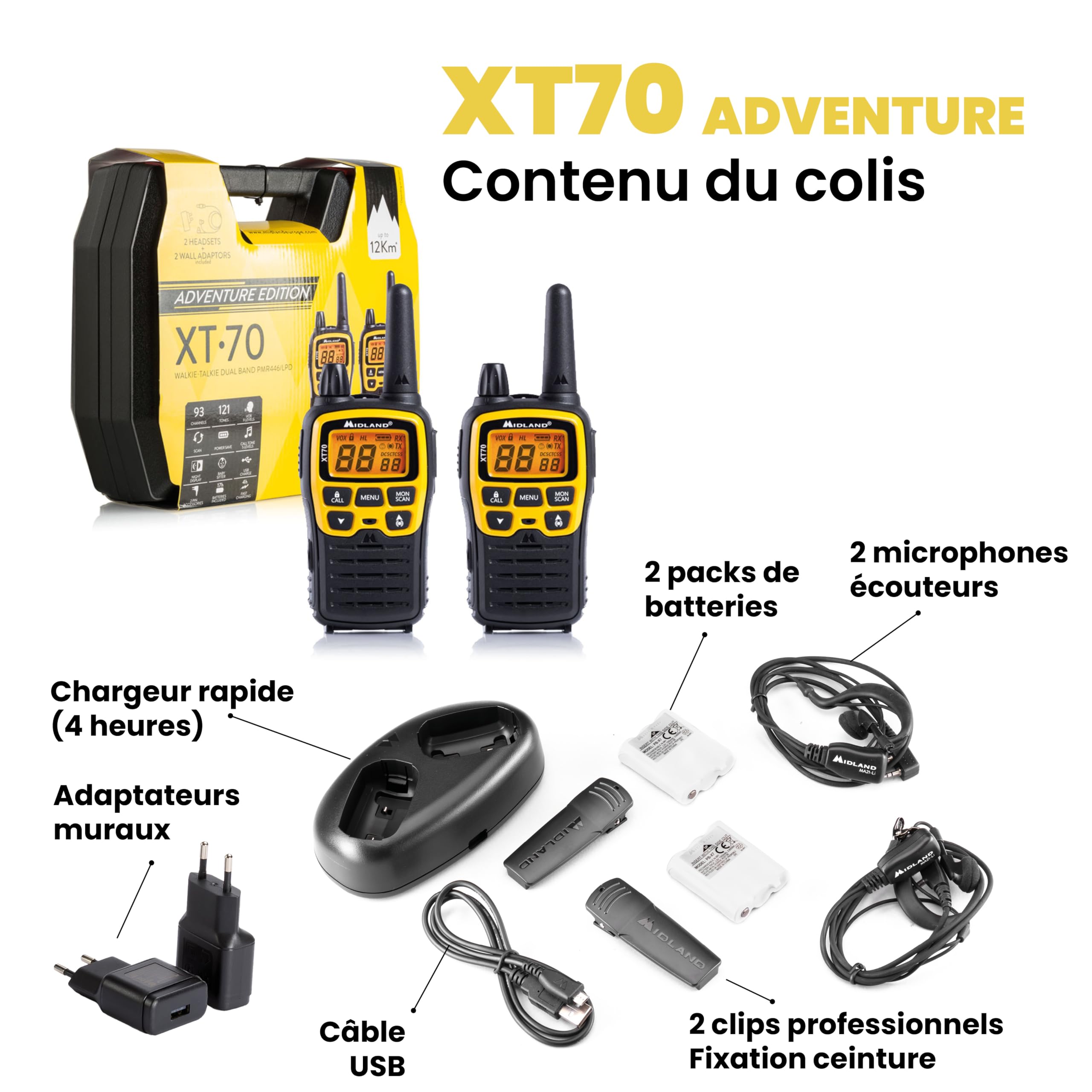 Midland C1180.01 XT70 Adventure Talkie Walkie - Émetteur-Récepteur Radio Pro Bi-bande à Recharge Rapide - Jaune - 69 LPD et 24 PMR446, 12 km, 38 Tonalités et 83 Codes - Lot de 2 Émetteurs-Récepteurs