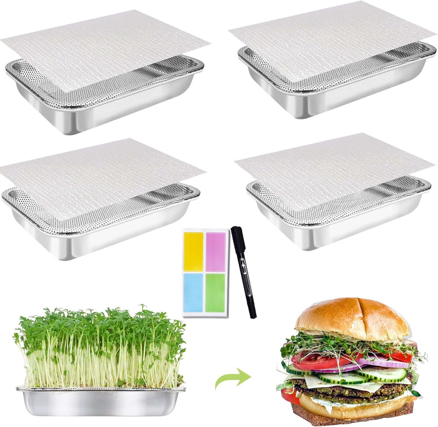 Stainless Steel Sprouts Growing Kit 4-Tier 14 inch Trays, Microgreens Growing Kit, Seed Sprouting Tray with Encrypted Mesh Sprouts for Beans Alfalfa Broccoli Wheat Grass