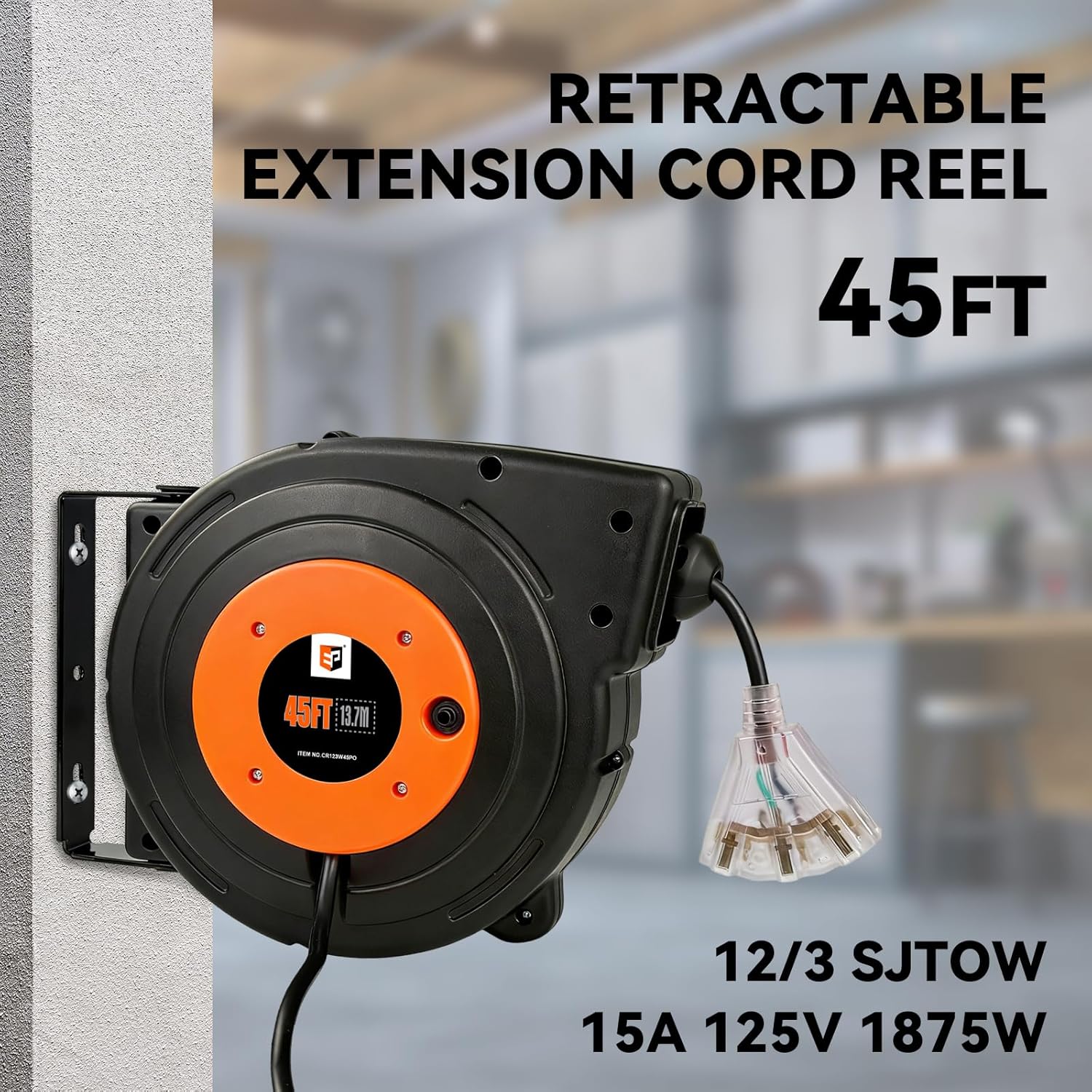 EP Retractable Extension Cord Reel, 45 Ft Heavy Duty Power Cord, 12 AWG/3C SJTOW, 15 AMP Circuit Breaker, Lighted Triple Tap, Ceiling or Wall Mount, UL Listed