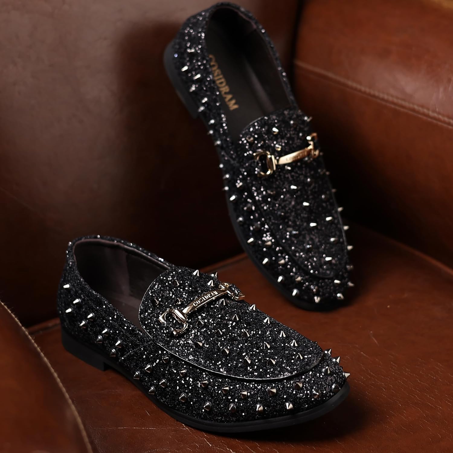COSIDRAM Men's Glitter Studded Dress Shoes Fashion Metallic Sequins Gold Buckle Spikes Rivets Luxury Wedding Party Loafers - Image 2