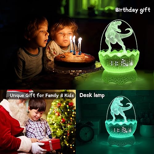 Miniatura 7 de Luces nocturnas musicales de dinosaurio, reloj despertador de huevo de dinosaurio para niños, altavoz Bluetooth y ruido blanco Mahine para bebé,