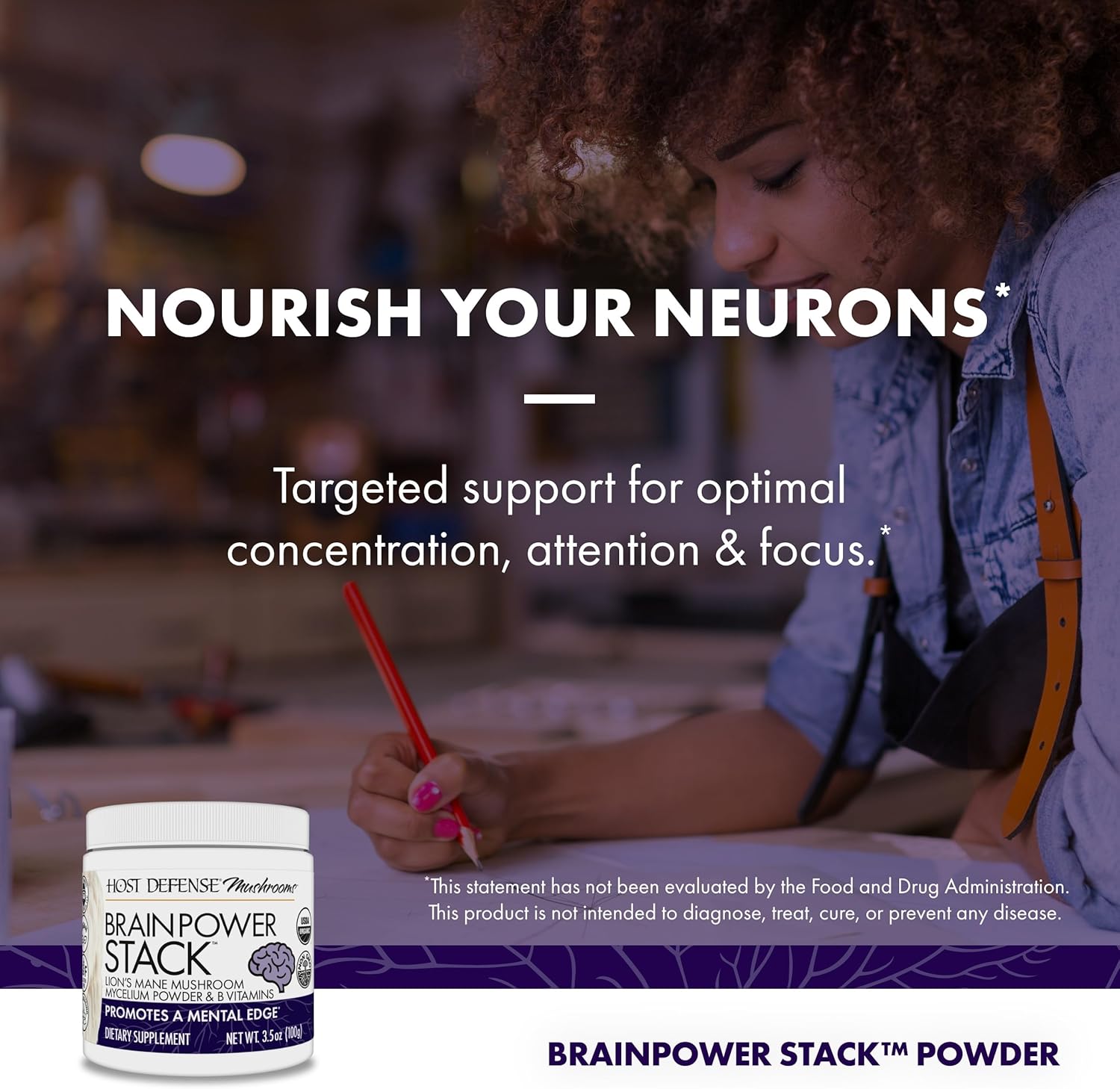 Host Defense BrainPower Stack Powder - Targeted Brain Support Supplement - Powder Mushroom Supplement with Lion's Mane, Niacin (B3) & Vitamin B12 - Herbal Brain Support - 100g (66 Servings)* - Image 5
