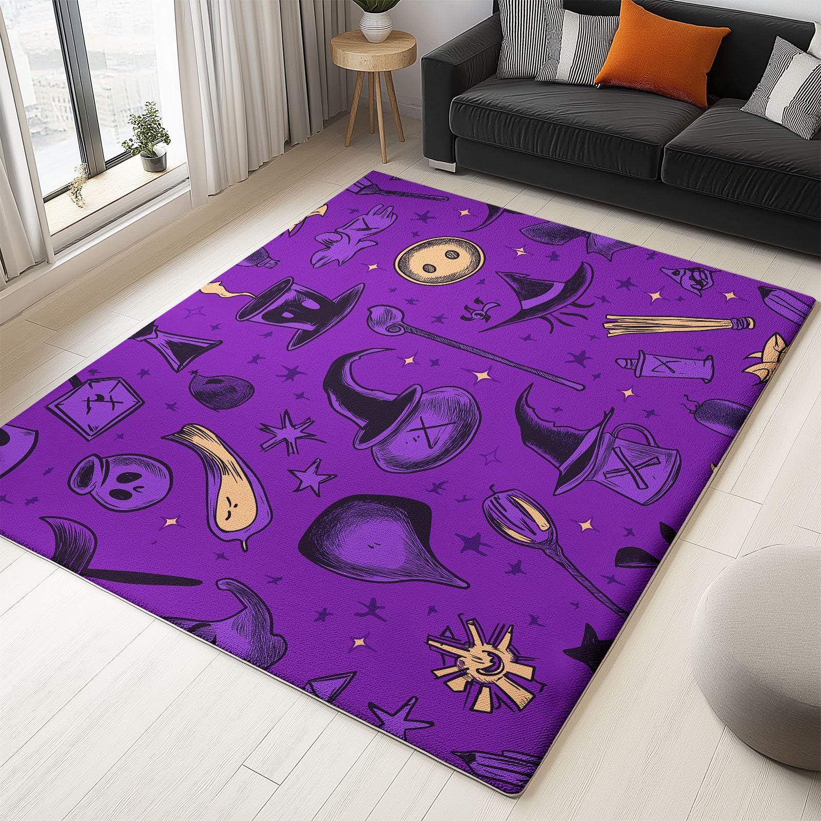 Dywan do salonu, 160 x 230 cm, antypoślizgowy, niskie runo, nie gubi włosia, graffiti, magiczna różdżka, świeca, dywan do jadalni, domowego biura, sypialni, fioletowy