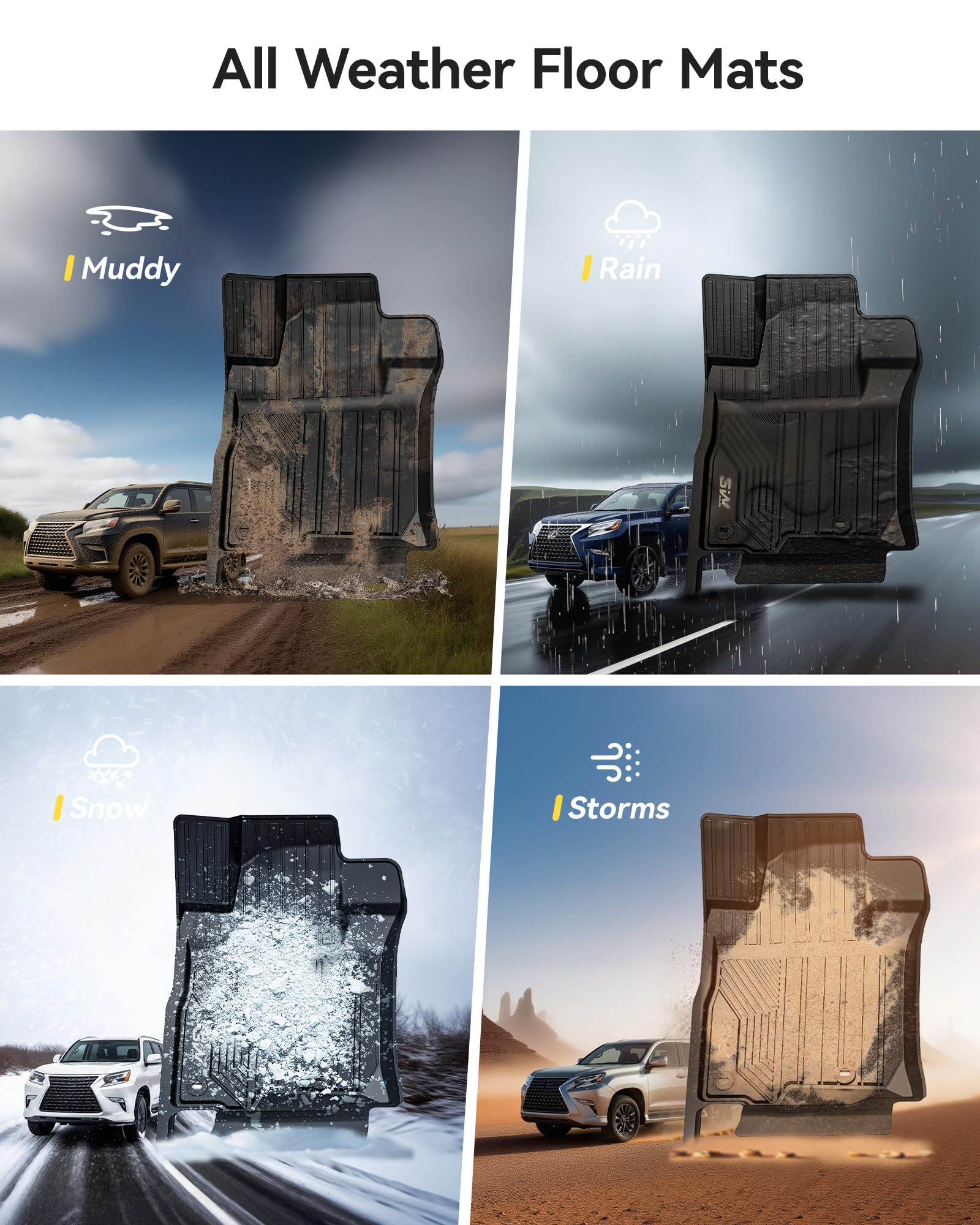 3W Floor Mats for Lexus GX460 2014-2023 only for 7 seat TPE All Weather Custom Fit Floor Liner — view 5